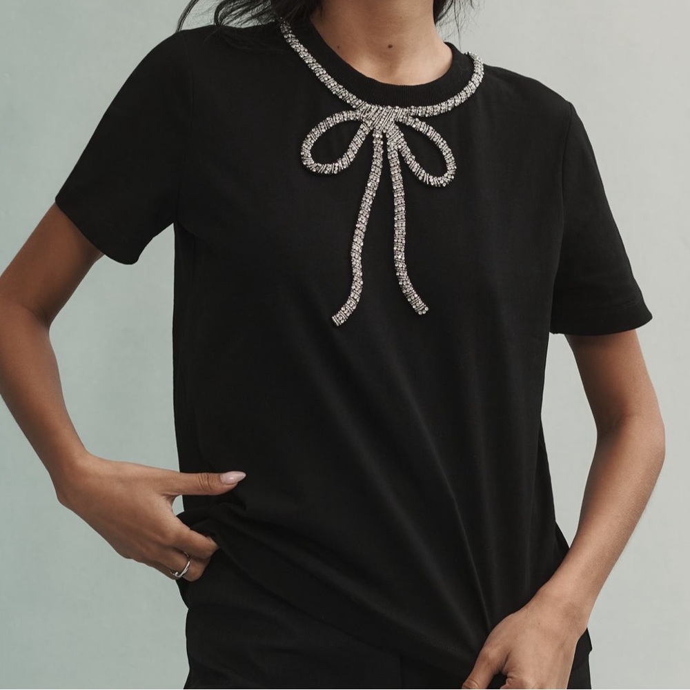 Anthropologie Maeve Rhinestone Bow Tee Black Small